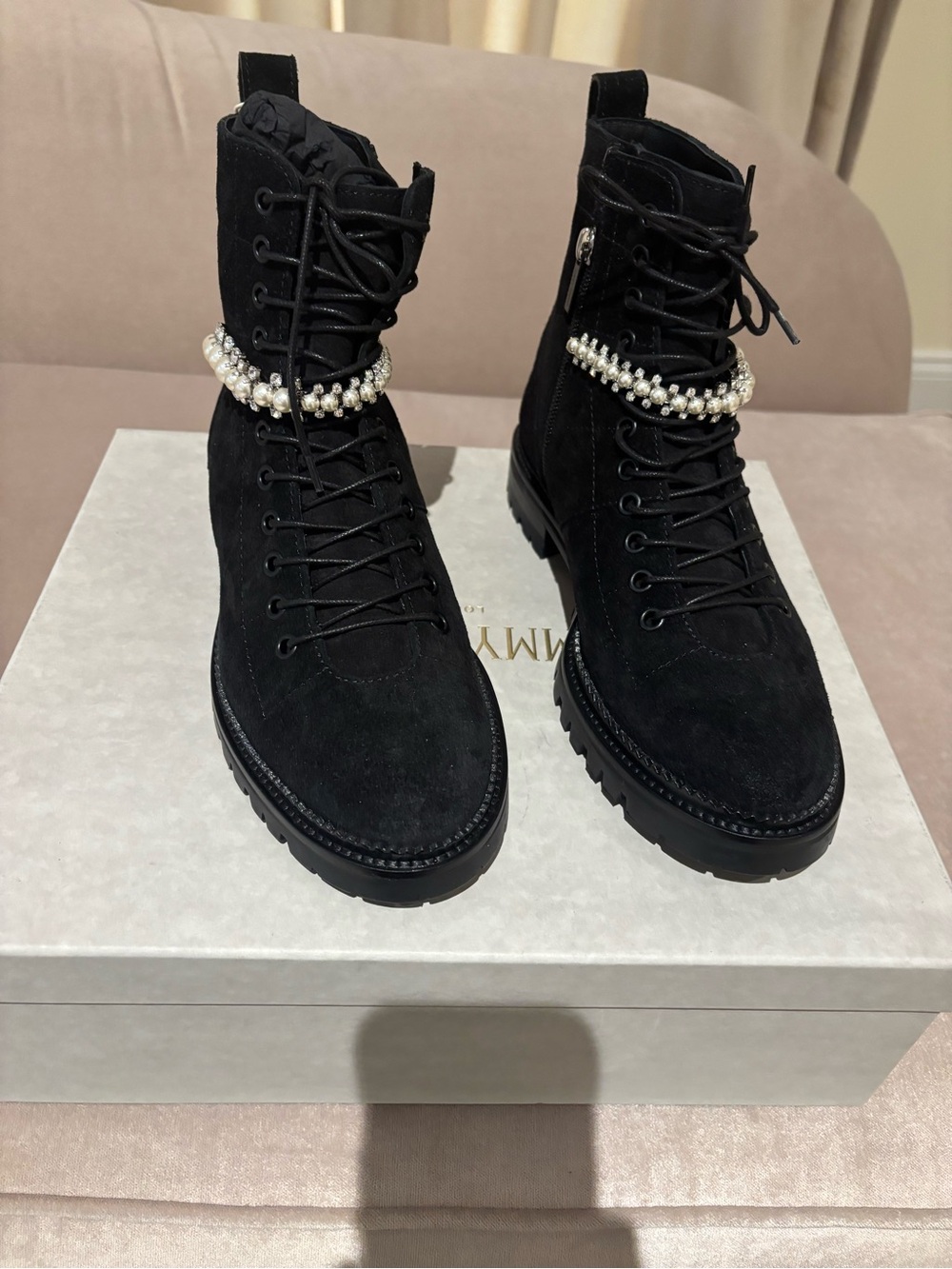 Jimmy Choo Black Suede Lace-Up Combat Boots with Pearl Chain